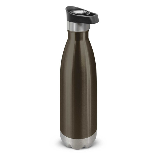 A drink bottle in dark green with a stainless steel base and a black push button lid. Features a logo.