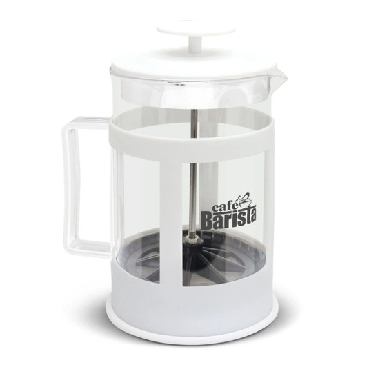 A large coffee plunger in clear glass with a white handle and lid, featuring a branding logo on the side.