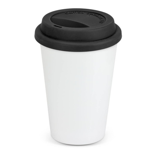 A ceramic double wall coffee cup in white with a black silicone lid. It features a branding logo on the lid.
