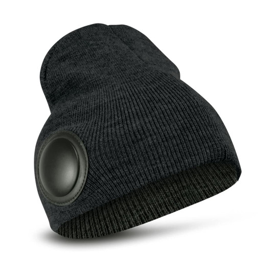 A black Bluetooth beanie with a textured knit design and a circular speaker on the side.