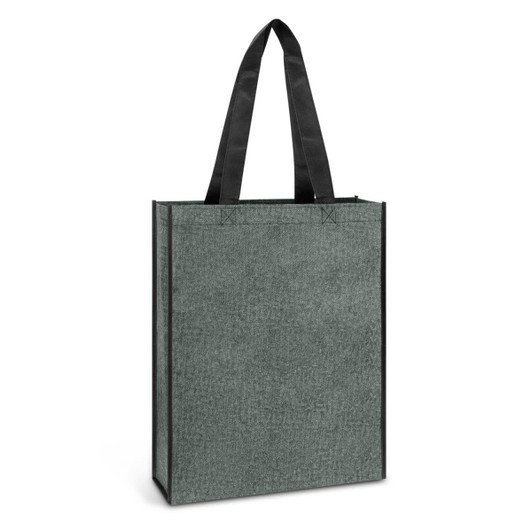 A green heather tote bag featuring black handles and a simple design, with a branding logo on the front.