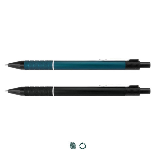 A metal pen set featuring a teal pen and a black pen, each with a sleek design and textured grip.