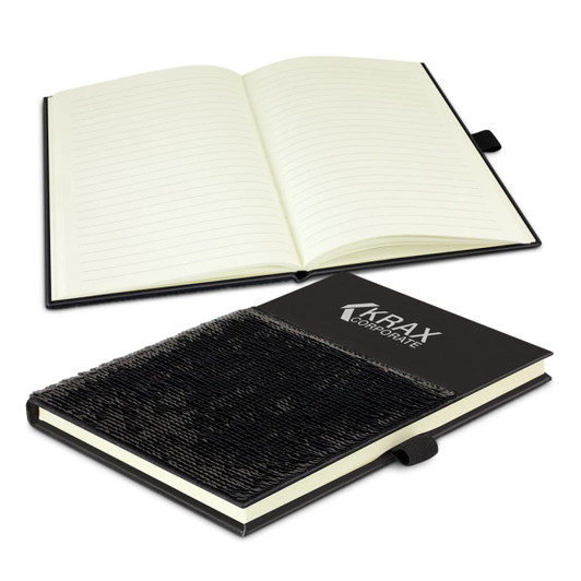 A black sequin notebook with a textured cover and an open blank page layout. Features a logo on the cover.