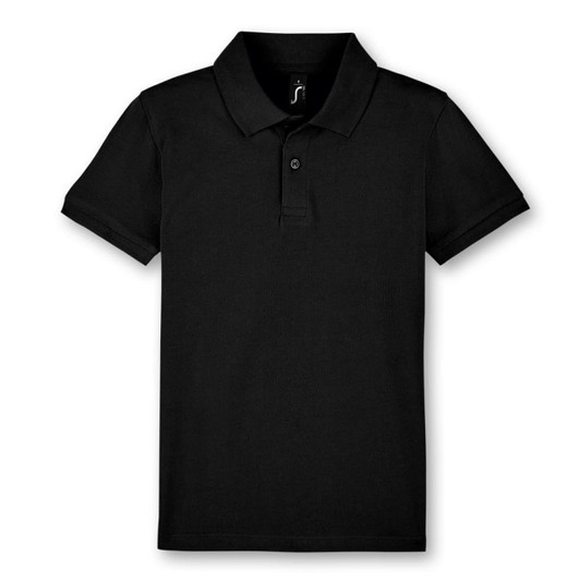 A black polo shirt featuring a collar and three buttons, with a logo on the label.