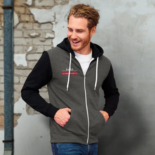A grey and black unisex zipped sweatshirt with a hood, featuring a front zip and casual design.