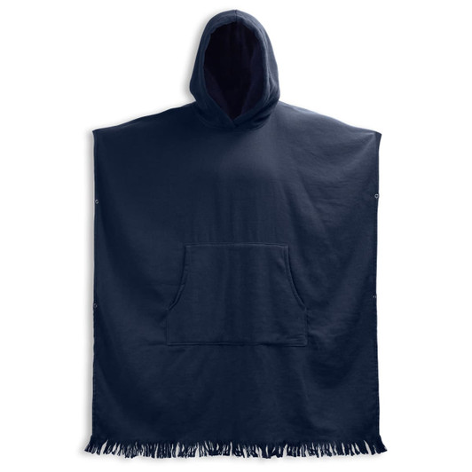 A navy hooded towel with a front pocket and tasselled edges, featuring a logo.