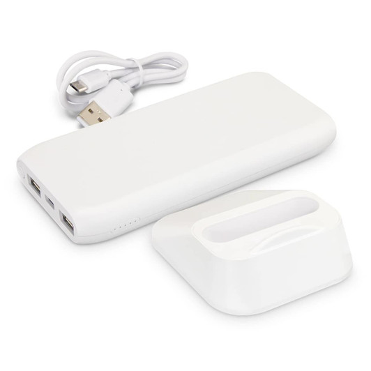 A white wireless charging station with a removable dock and a USB cable for connectivity.