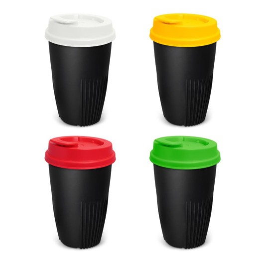 A drink bottle featuring four reusable coffee cups in black with various coloured lids: white, yellow, red, and green.