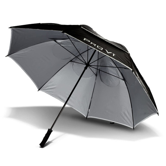 A black and grey double canopy umbrella with an umbrella handle and a logo.