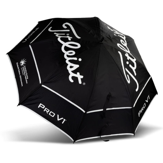 A black double canopy umbrella featuring a logo, with a sleek design and contrasting white accents.