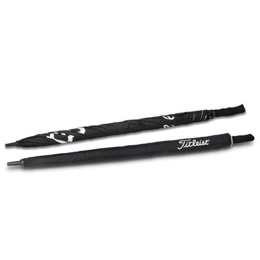 A black double canopy golf umbrella with a branded handle, featuring a sleek design and a prominent logo.