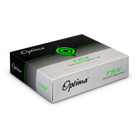A grey and black box featuring the Optima logo, containing PGF Optima golf balls.