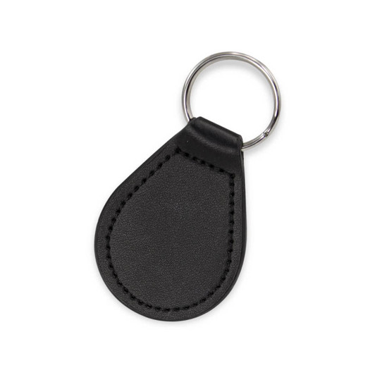 A black leather round key ring featuring a metal attachment ring. The key ring has stitching details.
