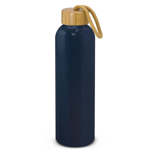 A drink bottle in navy blue with a bamboo lid and a rope handle, featuring a branding logo.