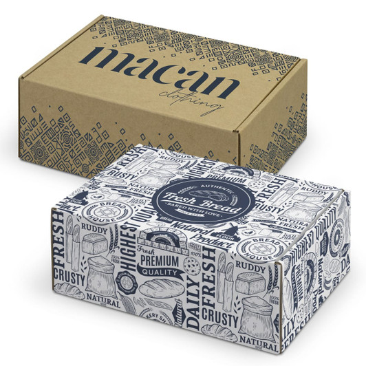 A cardboard die cut box with a locking lid, featuring a decorative design in brown and white. One box showcases a logo.