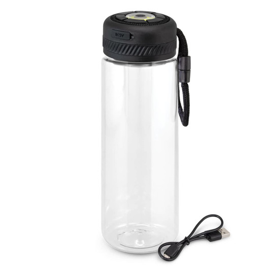 A clear drink bottle with a black lid and a USB charging cable, featuring a logo on the lid.
