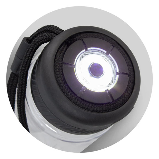 A drink bottle with a clear body and black cap featuring a bright LED light on top.