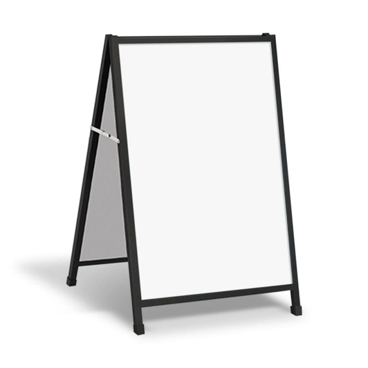 A black A-frame sign with a large white insertable panel for displaying promotional content.