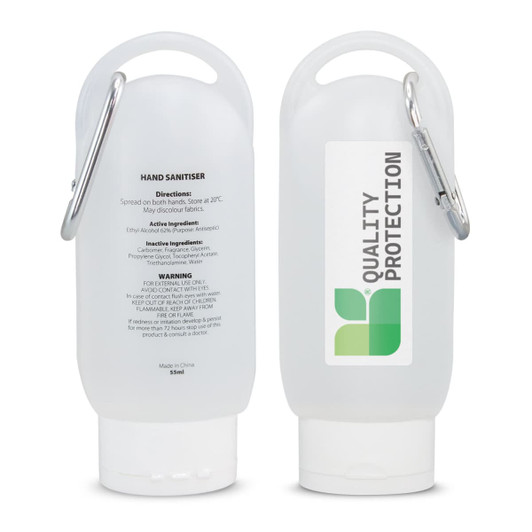 A clear, refillable gel hand sanitiser bottle with a carabiner clip, holding 55ml of product.
