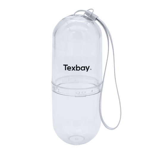 A clear, cylindrical pill tube with a white strap and a logo on the front.