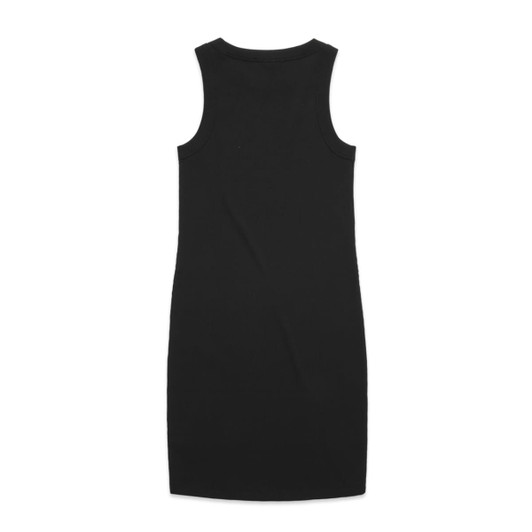 A black ribbed dress with a sleeveless design and a straight silhouette. Features a logo on the label.
