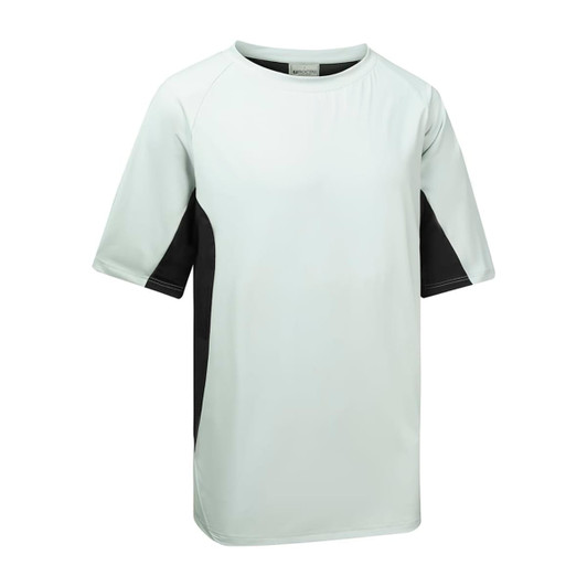 A light grey and black sports tee with short sleeves and a logo on it. Ideal for athletic wear.