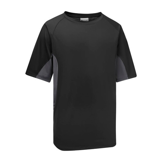 A black sports tee with grey accents, featuring short sleeves and a logo.