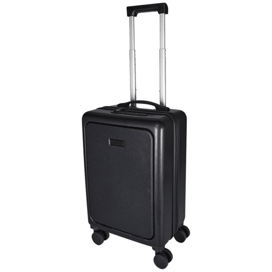 A black wheeled cabin trolley with a retractable handle and four wheels. It features a sleek design and a logo.