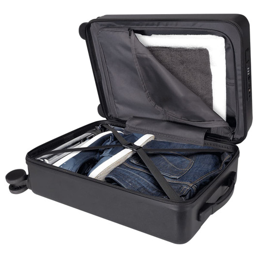 A wheeled black cabin trolley with an open lid, showcasing neatly packed clothes and a towel inside.