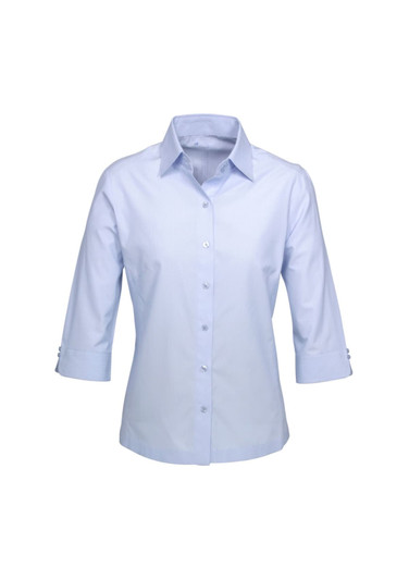 A light blue women's button-up shirt with 3/4 sleeves and a collar. It features a logo on the chest area.
