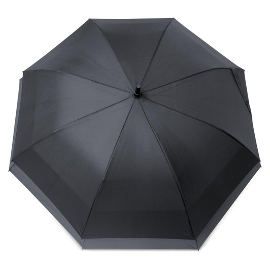 A black octagonal umbrella with a smooth fabric surface and a central shaft, featuring a logo.