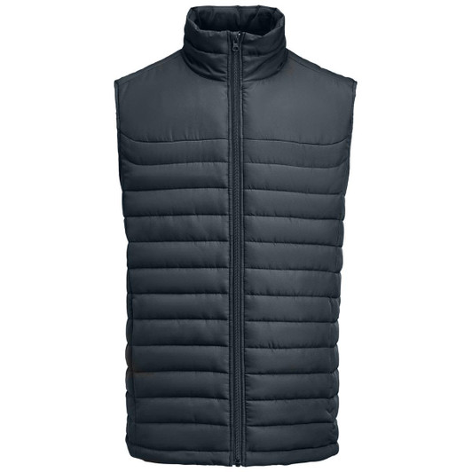 A dark grey men's padded vest with a high collar and vertical stitching, featuring a front zip closure and brand logo.