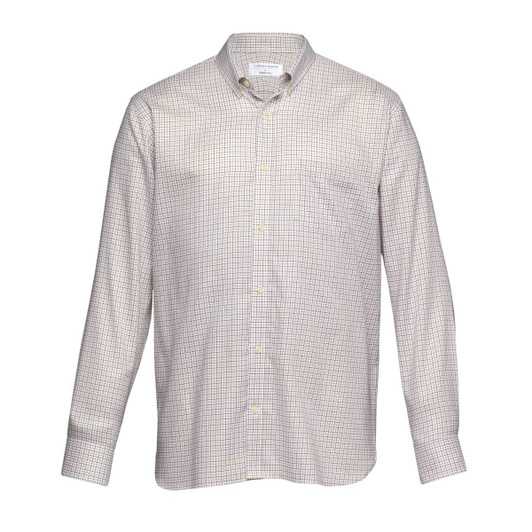 A button-up shirt with a check pattern, featuring a light cream and beige colour scheme. It has a collar and long sleeves.