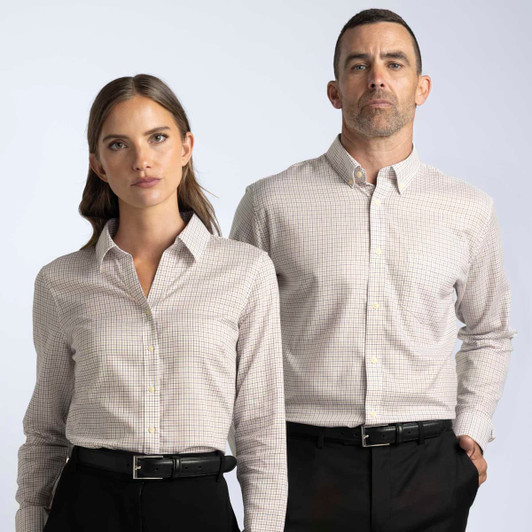 A button-up shirt in a checked pattern, featuring light brown and cream colours, worn by a man and a woman.