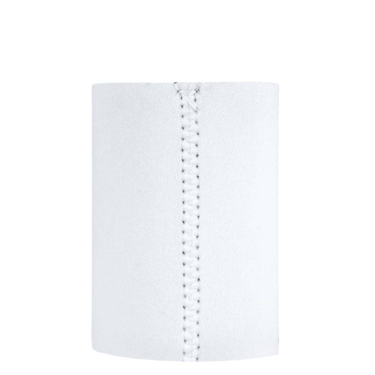 A white neoprene stubby holder featuring a seam, suitable for holding drink bottles.