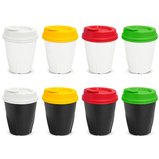 A drink bottle collection featuring reusable coffee cups in white, black, red, yellow, and green, each with a matching lid and logo.