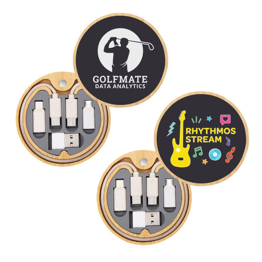 A circular charger set with wooden edges, featuring multiple connectors and two decorative designs on top.