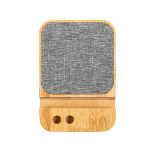 A bamboo eco charger set featuring a textured gray charging pad and a slot for phone placement.