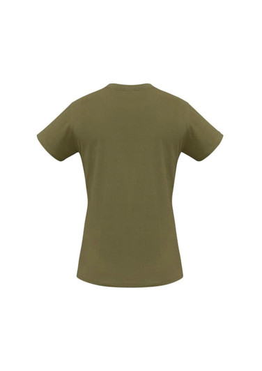 A back view of a women's short sleeve tee in olive green, featuring a simple design and a logo.