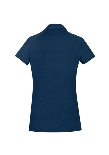 A navy short sleeve polo shirt with a fitted design. The back features a subtle logo detail.