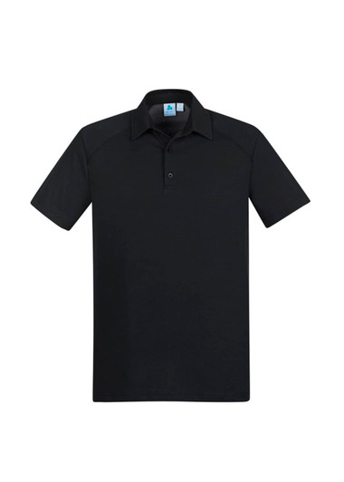 A black men's polo shirt with short sleeves and a collar, featuring a logo on the chest.