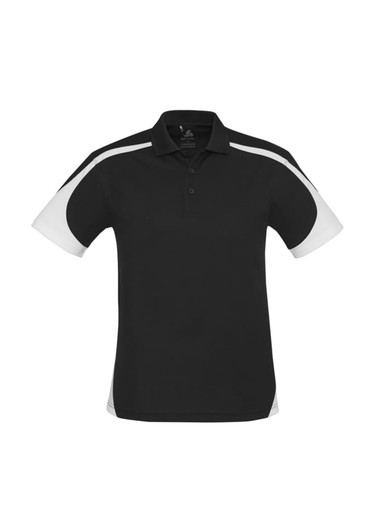 A black short sleeve polo shirt featuring white detailing and a logo on the chest.