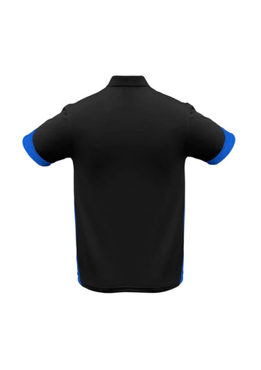 A black short sleeve polo shirt with blue accents and a logo on the front.