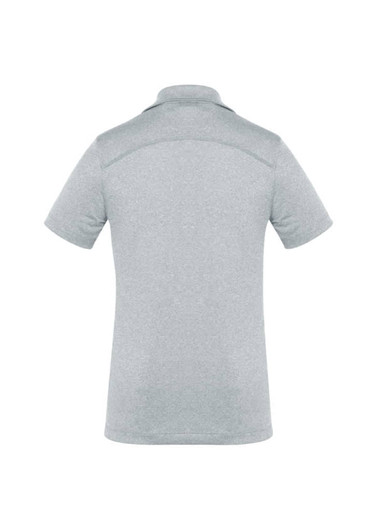A light grey women's short sleeve polo shirt with a subtle texture and a back view. It features a logo.