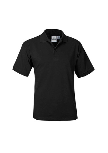 A black short sleeve polo shirt with a collar and a logo on the chest area.