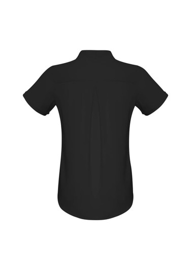 A black women's button-up shirt with a short sleeve design and a pleat detail at the back.