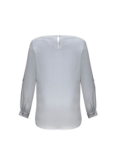 A light grey women's Madison boatneck top with long sleeves and button details at the cuffs. It has a back closure.