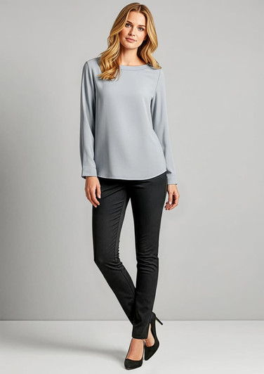 A model wearing a light grey women's boatneck top paired with black trousers and heels, featuring a simple design and branding.