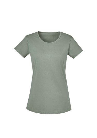 A women's short-sleeve T-shirt in a soft green hue, featuring a rounded neckline and a logo on the side.
