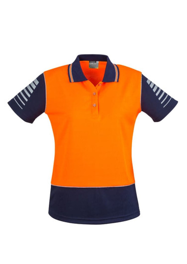 A women's short sleeve polo in high visibility orange and navy, featuring a logo on the chest and striped detailing on sleeves.